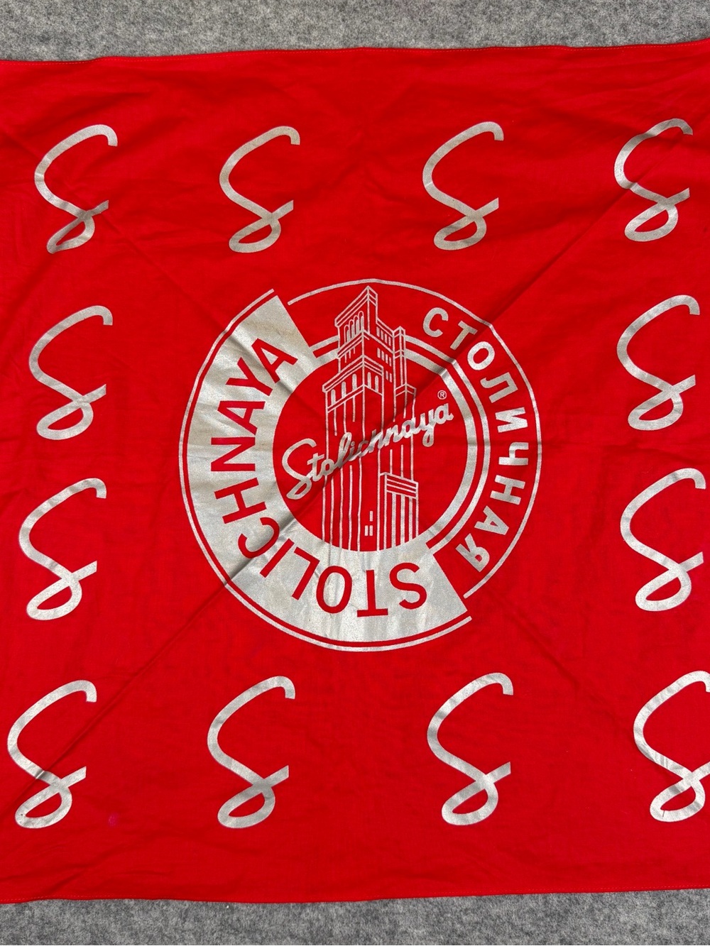 Stolichnaya Vodka Bandana Scarf – Red/Silver – Vintage – Flawed